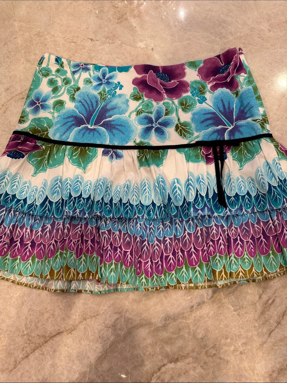 Tibi Floral Tiered Mini Skirt in Blue, Purple, Green & White